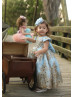 Gold Lace Sky Blue Tulle Fancy Flower Girl Dress